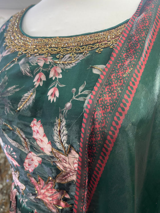 Printed Tissue Silk Gown Dark Green